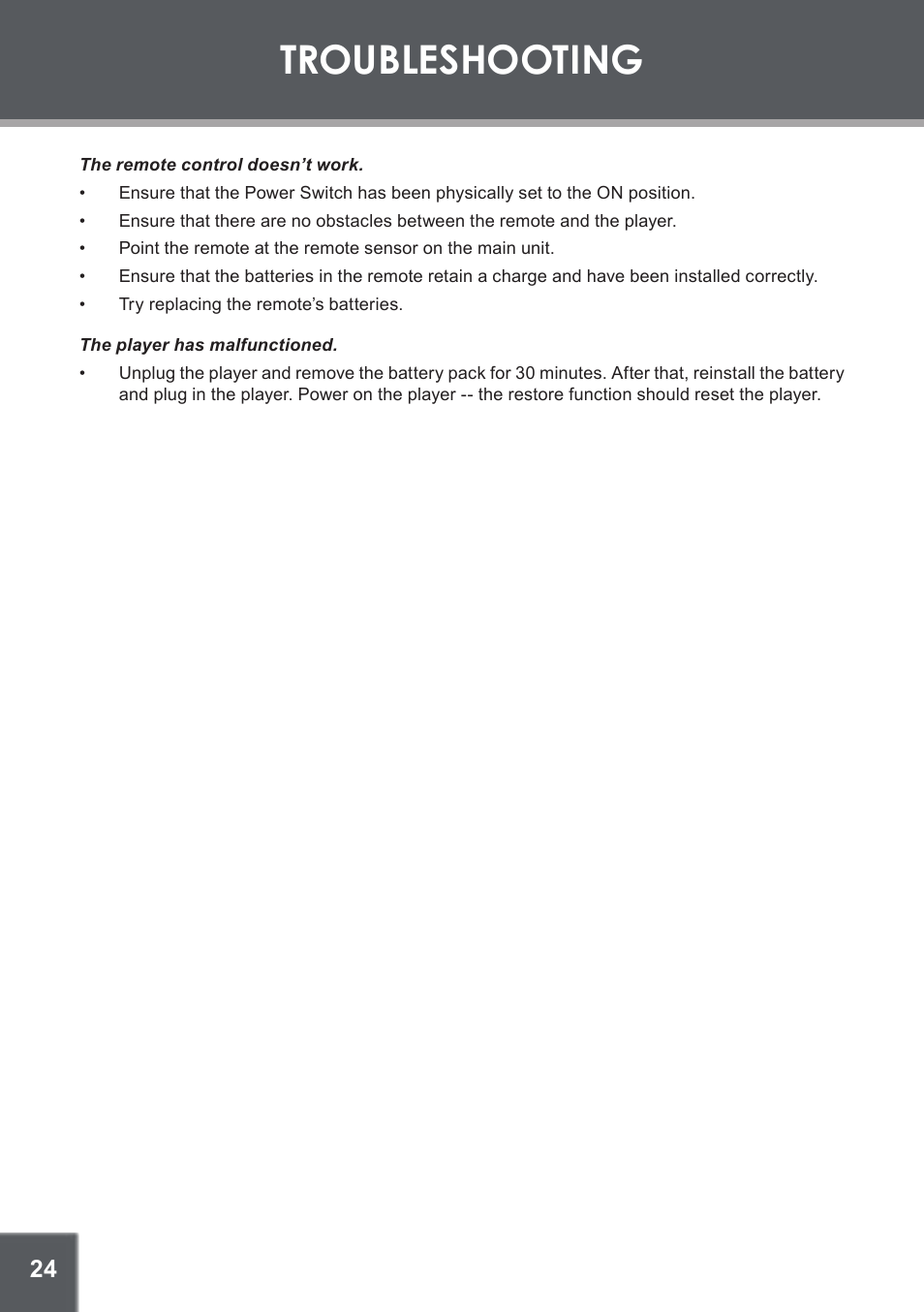 Troubleshooting | COBY electronic TF-DVD450 User Manual | Page 24 / 28