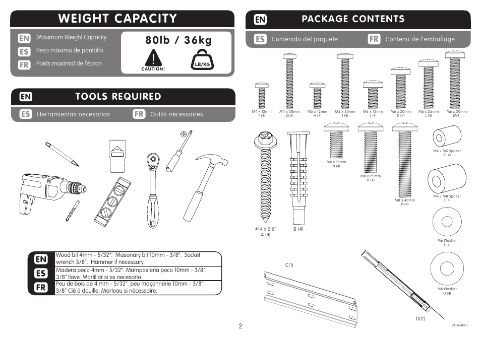 Weight capacity, 80lb / 36kg, Package contents | Tools required | Crimson FU46 User Manual | Page 2 / 8