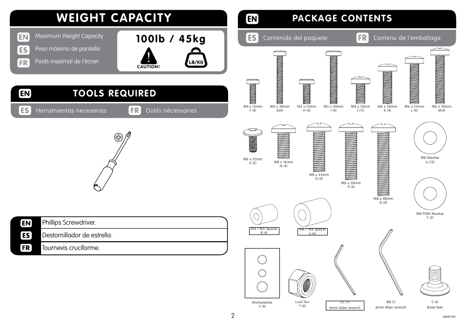 Weight capacity, Package contents, Tools required | Crimson M46P User Manual | Page 2 / 8
