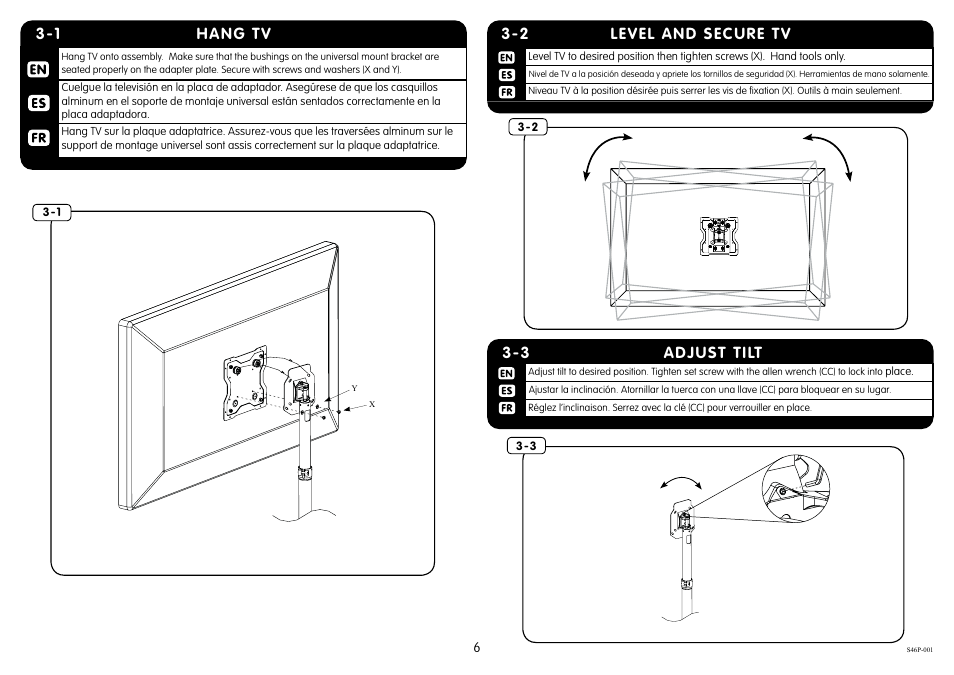 Adjust tilt 3-3, 1 hang tv, 2 level and secure tv | Crimson M46P User Manual | Page 6 / 8