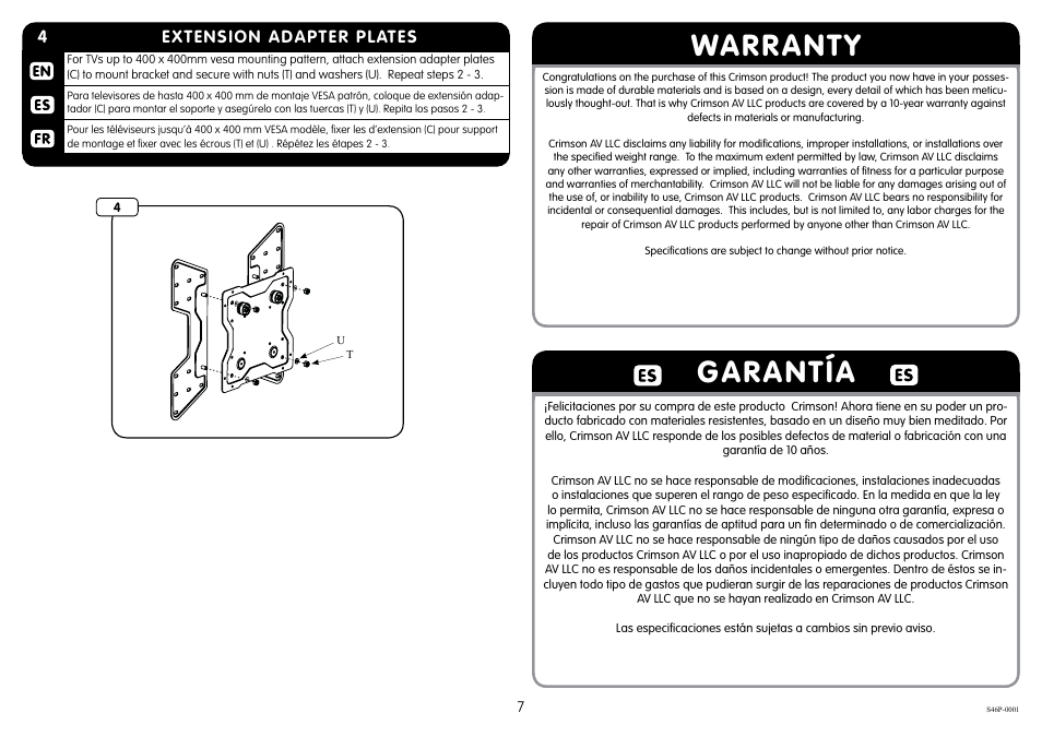 Warranty garantía, 4extension adapter plates | Crimson M46P User Manual | Page 7 / 8