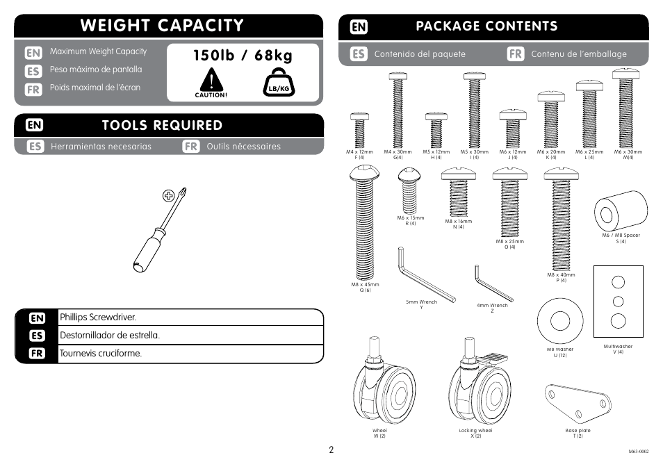 Weight capacity, Package contents, Tools required | Crimson M63 User Manual | Page 2 / 8