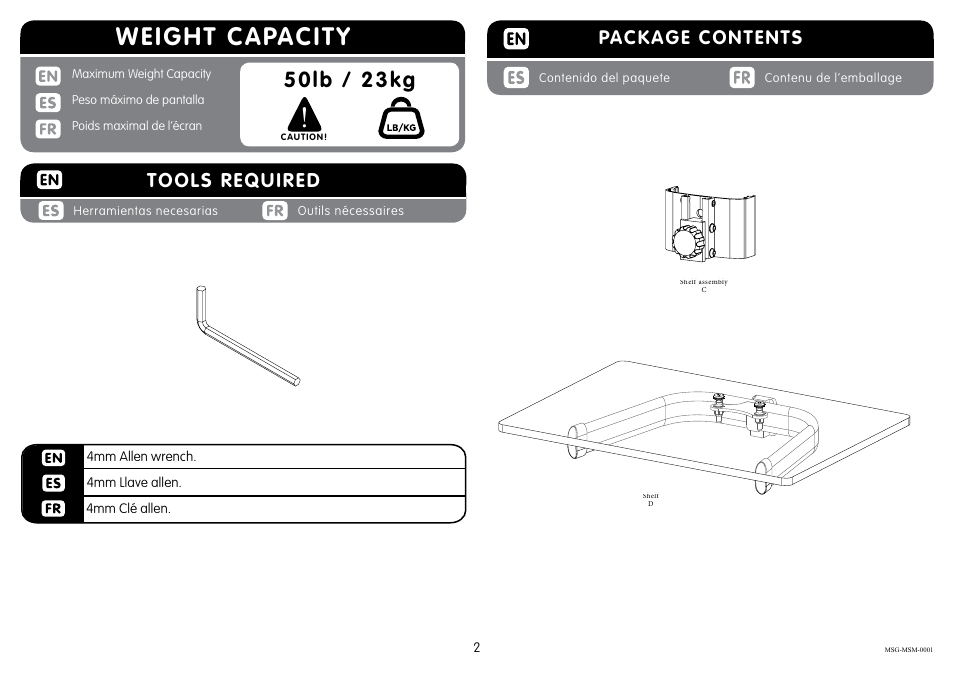 Weight capacity, 50lb / 23kg, Package contents | Tools required | Crimson M631 User Manual | Page 2 / 4