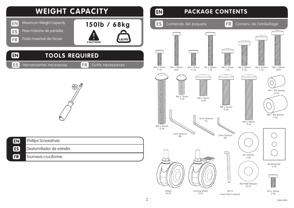 Weight capacity, Package contents, Tools required | Crimson MK65 User Manual | Page 2 / 8
