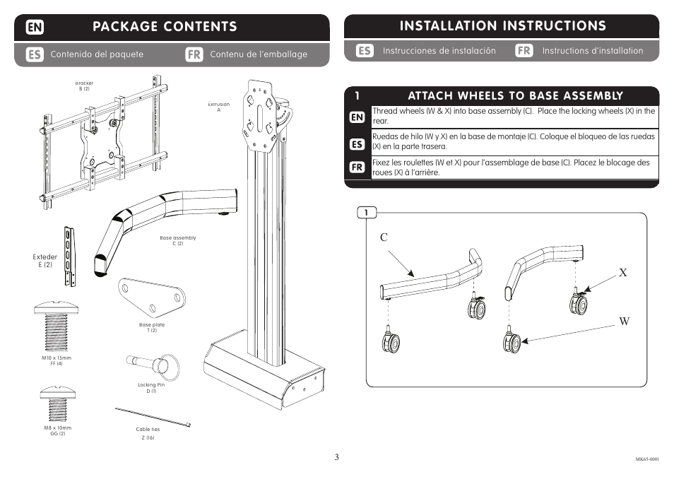 Package contents, Installation instructions, 33 hang tv | 1attach wheels to base assembly, Cx w | Crimson MK65 User Manual | Page 3 / 8