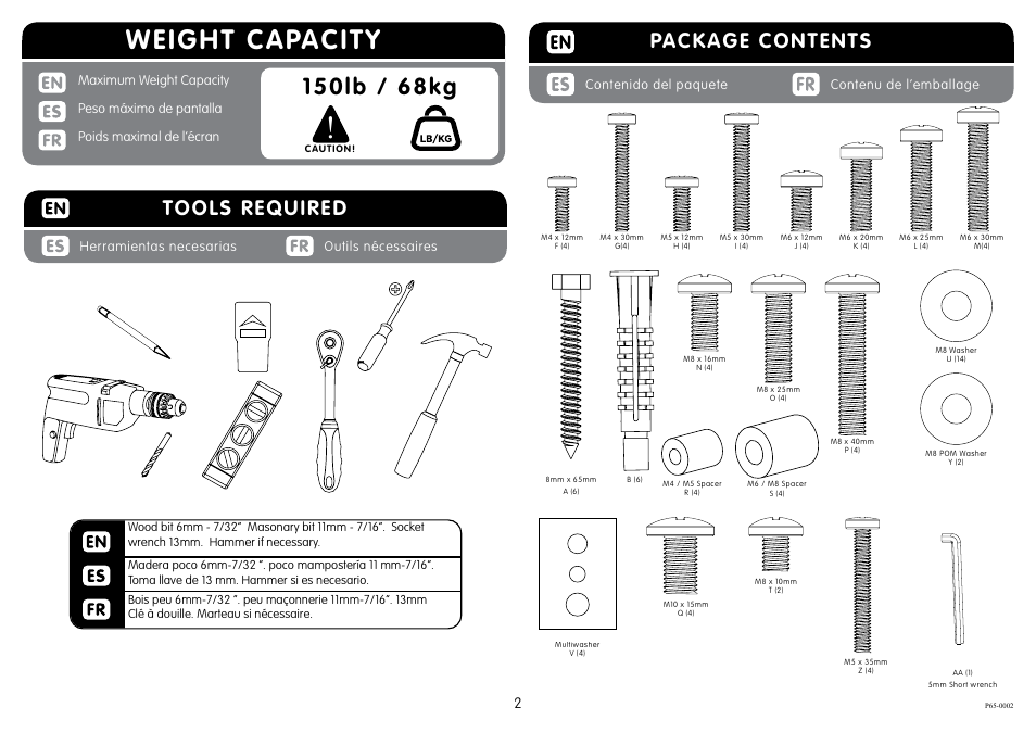 Weight capacity, Package contents, Tools required | Crimson P65 User Manual | Page 2 / 10