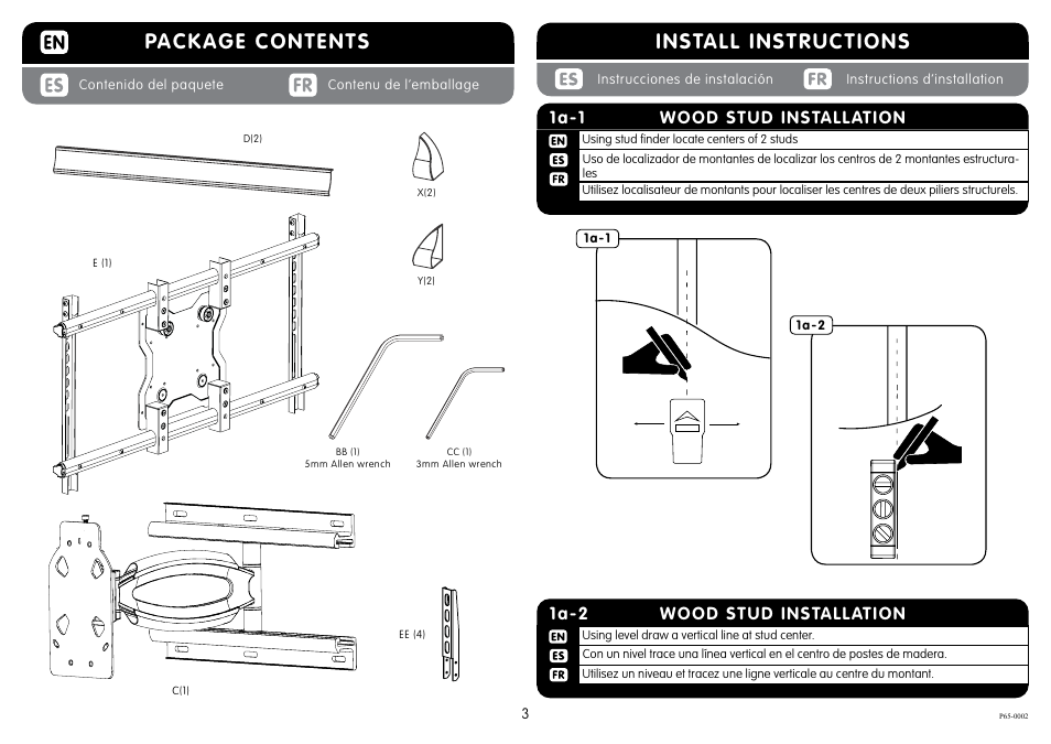 Install instructions, Package contents, Wood stud installation 1a-2 | Wood stud installation 1a-1 | Crimson P65 User Manual | Page 3 / 10