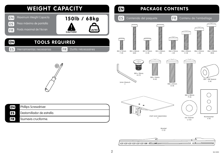 Weight capacity, Package contents, Tools required | Crimson S63 User Manual | Page 2 / 7