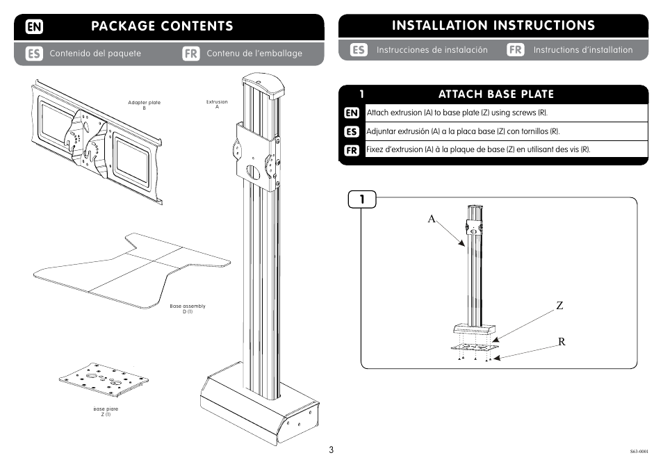 Installation instructions, Package contents, 33 hang tv | Az r attach base plate | Crimson S63 User Manual | Page 3 / 7