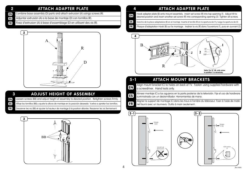 Ar d, 1 attach mount brackets, Attach adapter plate 2 | Adjust height of assembly 3, Attach adapter plate 4 | Crimson S63 User Manual | Page 4 / 7