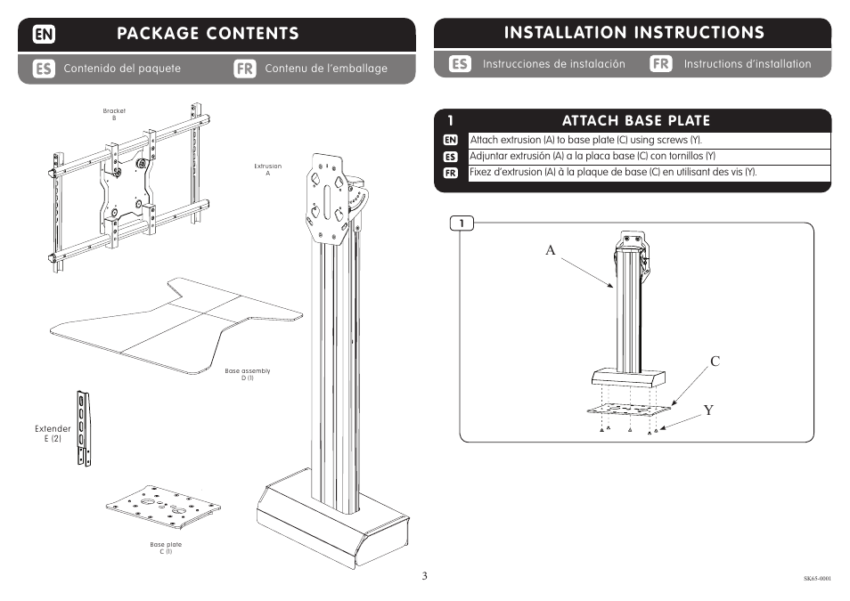 Package contents, Installation instructions, Ac y 33 hang tv | Attach base plate | Crimson SK65 User Manual | Page 3 / 8