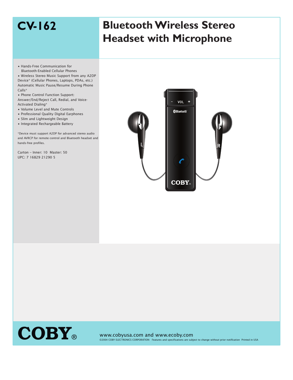 COBY CV-162 User Manual | 1 page