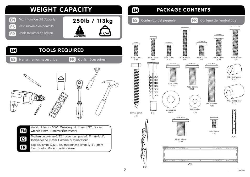 Weight capacity, Package contents, Tools required | Crimson T80 User Manual | Page 2 / 8