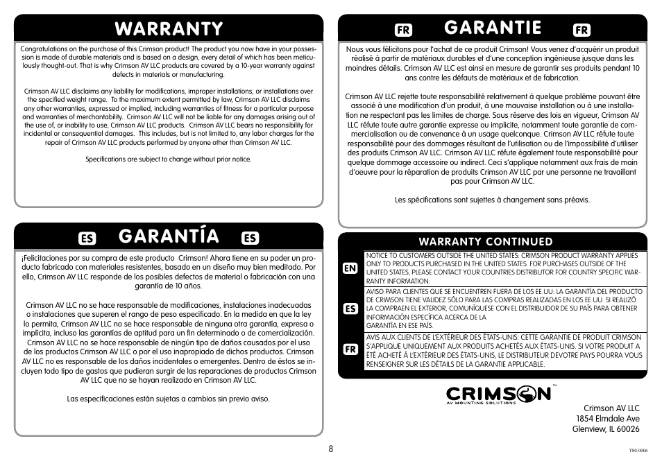 Warranty garantía, Garantie, Warranty continued | Crimson T80 User Manual | Page 8 / 8