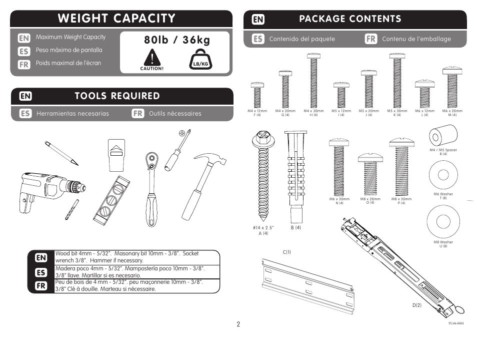 Weight capacity, 80lb / 36kg, Package contents | Tools required | Crimson TU46 User Manual | Page 2 / 8