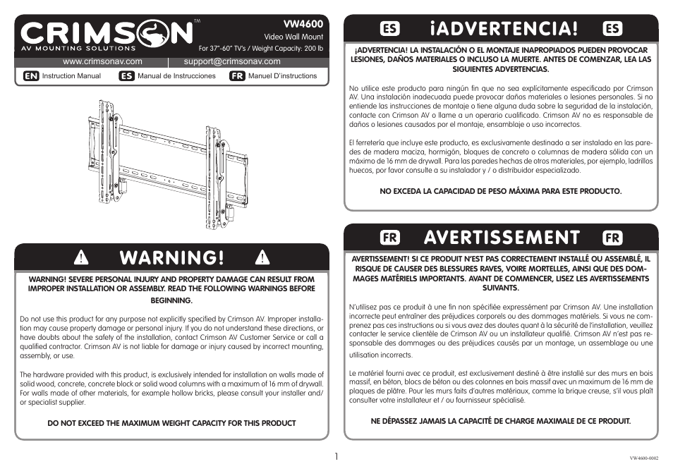 Crimson VW4600 - VW4600G2 User Manual | 12 pages