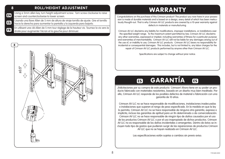 Warranty garantía | Crimson VW4600 - VW4600G2 User Manual | Page 8 / 12