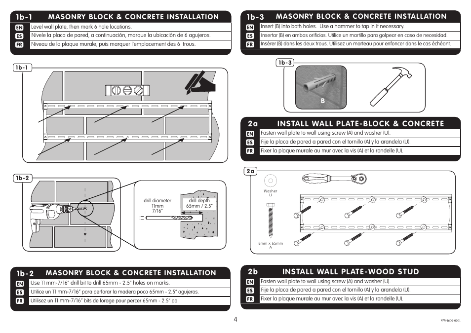 Install wall plate-block & concrete 2a, Install wall plate-wood stud 2b, 1b-3 | 1b-1, 1b-2 | Crimson VW4600 - VW4600G2 User Manual | Page 4 / 12
