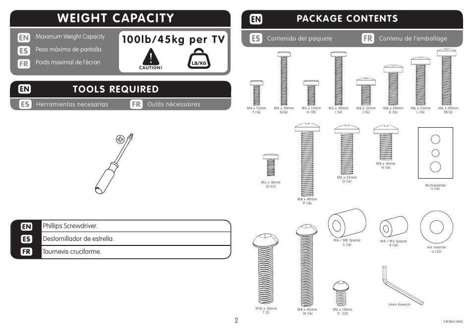 Weight capacity, Package contents, Tools required | Crimson VWM263 User Manual | Page 2 / 10