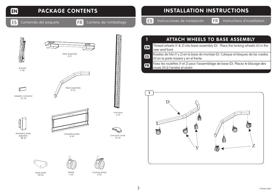 Package contents, Installation instructions, 33 hang tv | 1attach wheels to base assembly, Dy z | Crimson VWM263 User Manual | Page 3 / 10