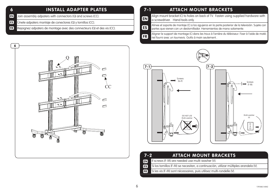 33 hang tv, 6install adapter plates, 1 attach mount brackets | Attach mount brackets 7-2 | Crimson VWM263 User Manual | Page 6 / 10