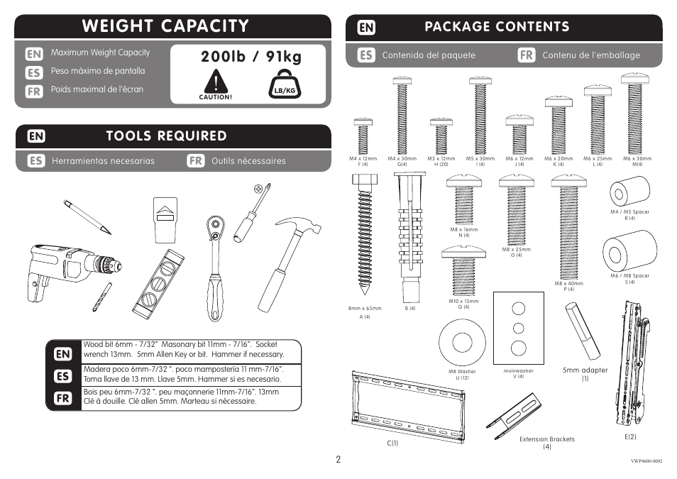 Weight capacity, Tools required, Package contents | Crimson VWP4600 - VWP4600G2 User Manual | Page 2 / 12