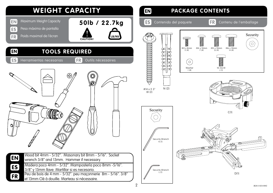 Weight capacity, Package contents, Tools required | Crimson JKR User Manual | Page 2 / 8