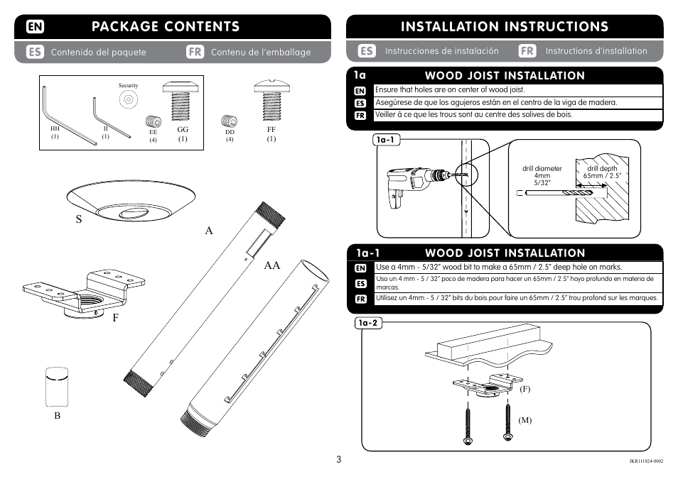 Installation instructions, Package contents, Wood joist installation 1a-1 | Wood joist installation | Crimson JKR User Manual | Page 3 / 8