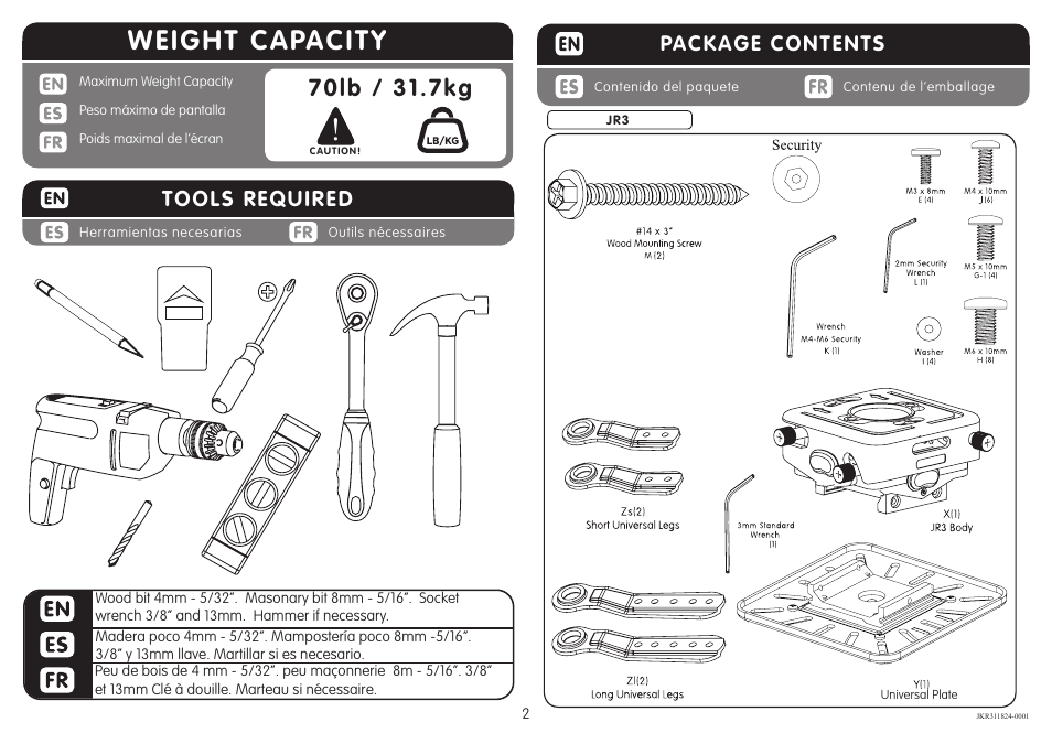 Weight capacity, Tools required, Package contents | Crimson JKR3 User Manual | Page 2 / 11