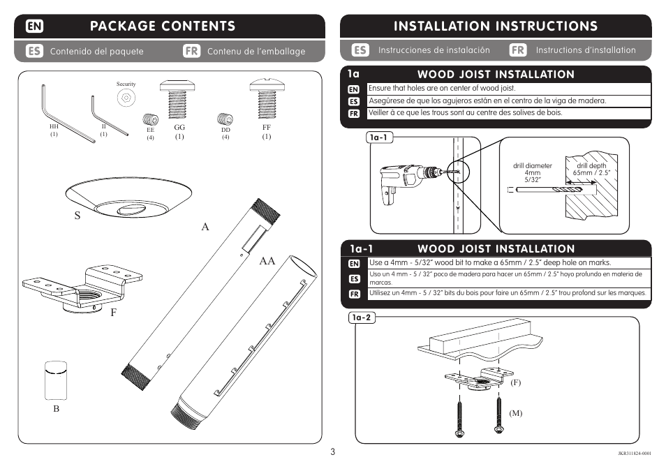 Installation instructions, Package contents, Wood joist installation 1a-1 | Wood joist installation | Crimson JKR3 User Manual | Page 3 / 11