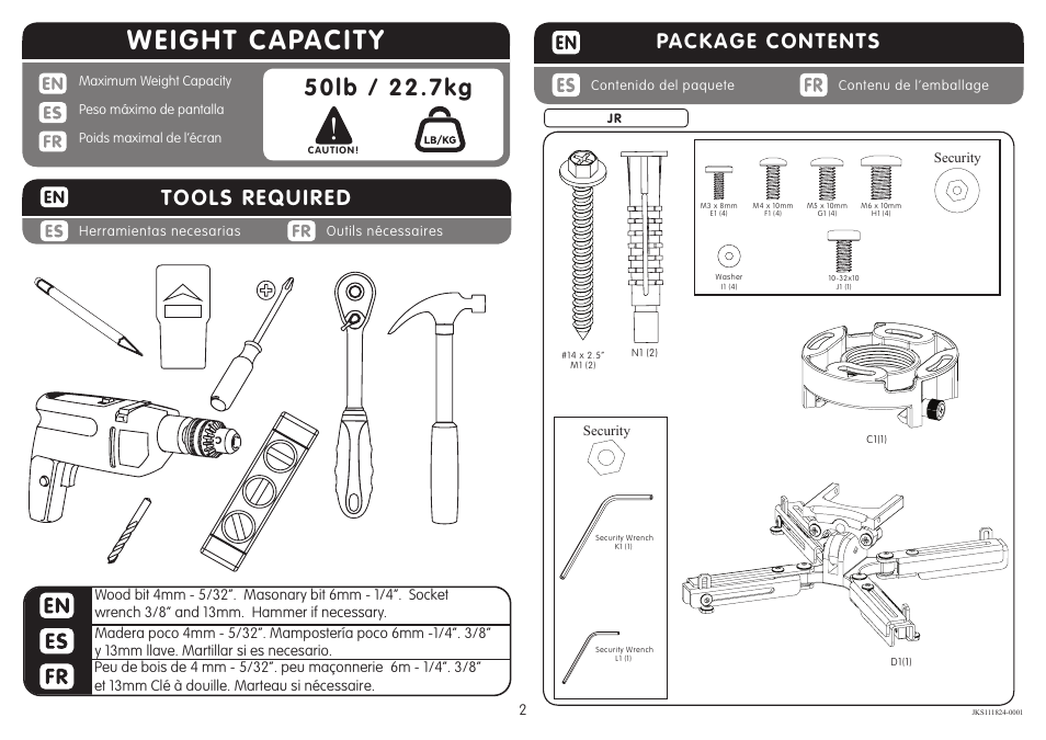 Weight capacity, Package contents, Tools required | Crimson JKS User Manual | Page 2 / 8