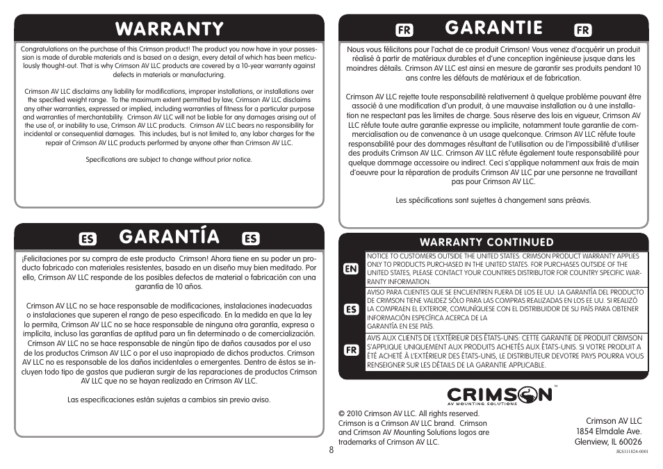 Warranty garantía, Garantie, Warranty continued | Crimson JKS User Manual | Page 8 / 8