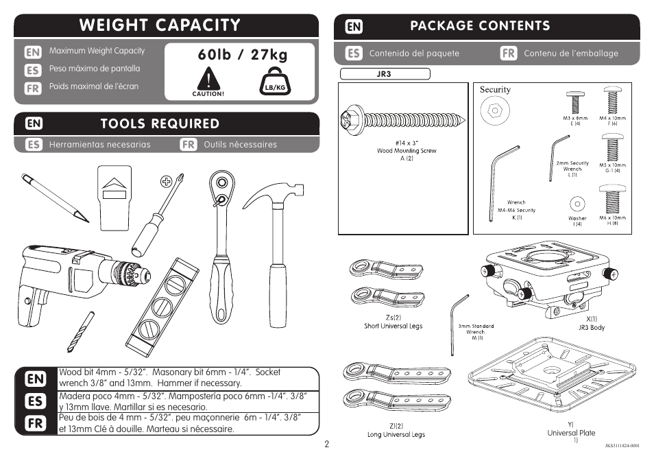 Weight capacity, 60lb / 27kg, Package contents | Tools required | Crimson JKS3 User Manual | Page 2 / 12