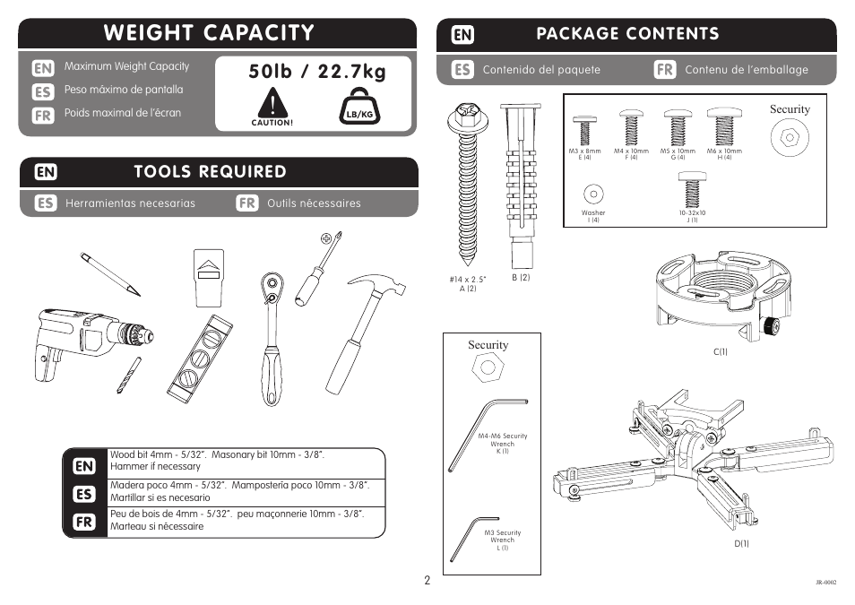 Weight capacity, Package contents, Tools required | Crimson JR User Manual | Page 2 / 7