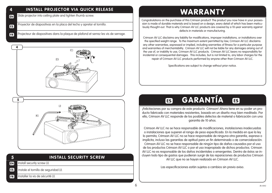 Warranty, Garantía | Crimson JR User Manual | Page 6 / 7
