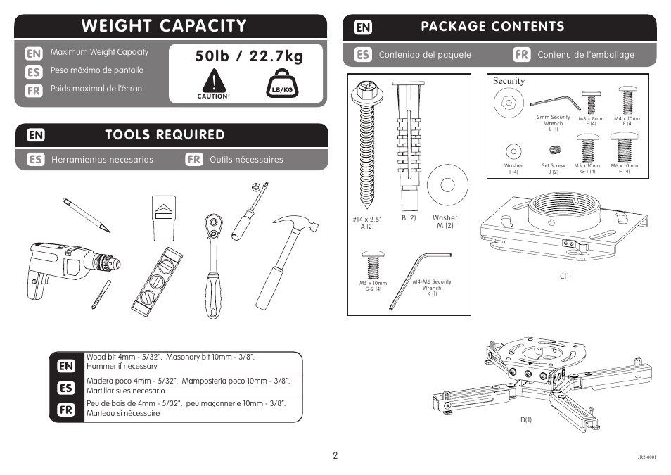 Weight capacity, Package contents, Tools required | Crimson JR2 User Manual | Page 2 / 7