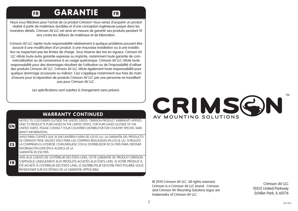 Garantie, Warranty continued | Crimson JR2 User Manual | Page 7 / 7