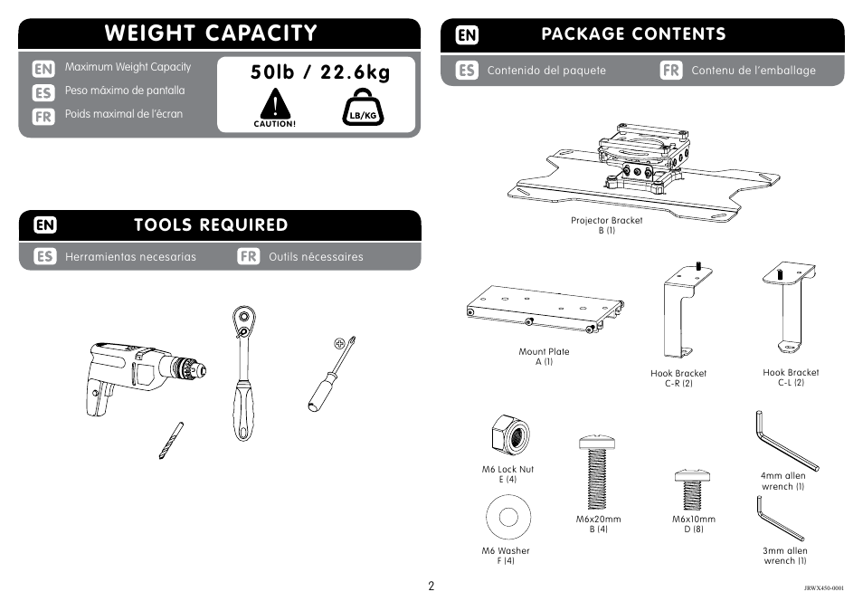 Weight capacity, Package contents, Tools required | Crimson JRWX450 User Manual | Page 2 / 6