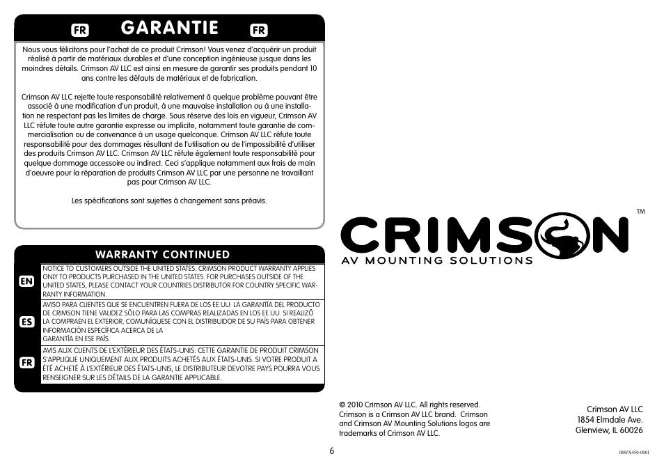 Garantie, Warranty continued | Crimson JRWX450 User Manual | Page 6 / 6