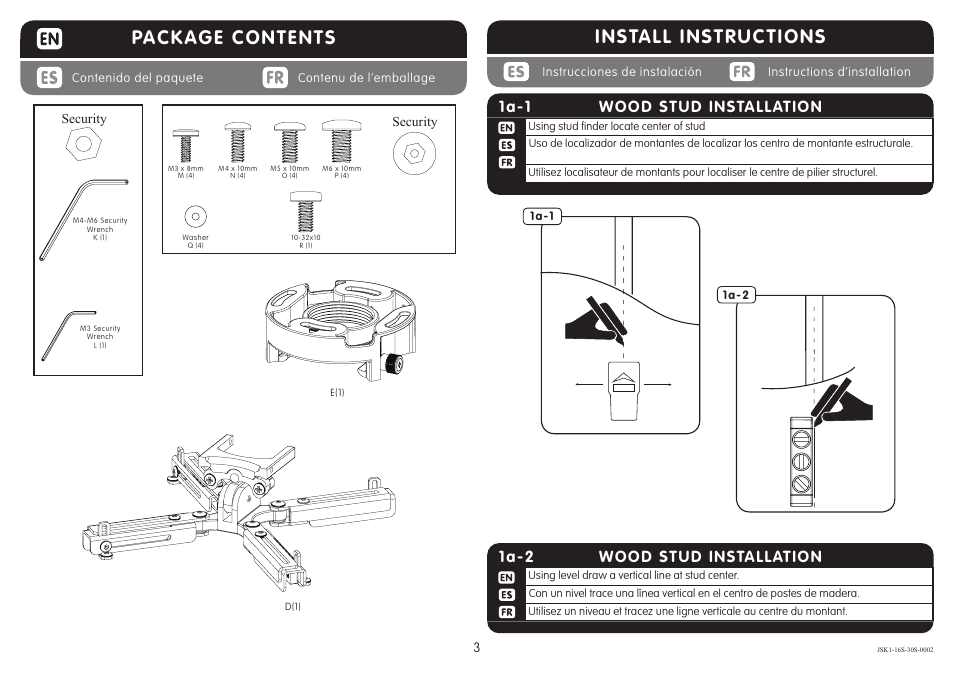 Install instructions, Package contents, Wood stud installation 1a-2 | Wood stud installation 1a-1 | Crimson JSK1 User Manual | Page 3 / 9