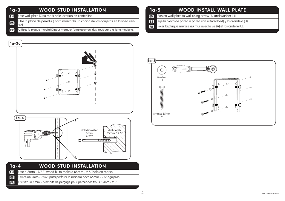 Wood install wall plate 1a-5, Wood stud installation 1a-3, Wood stud installation 1a-4 | Crimson JSK1 User Manual | Page 4 / 9