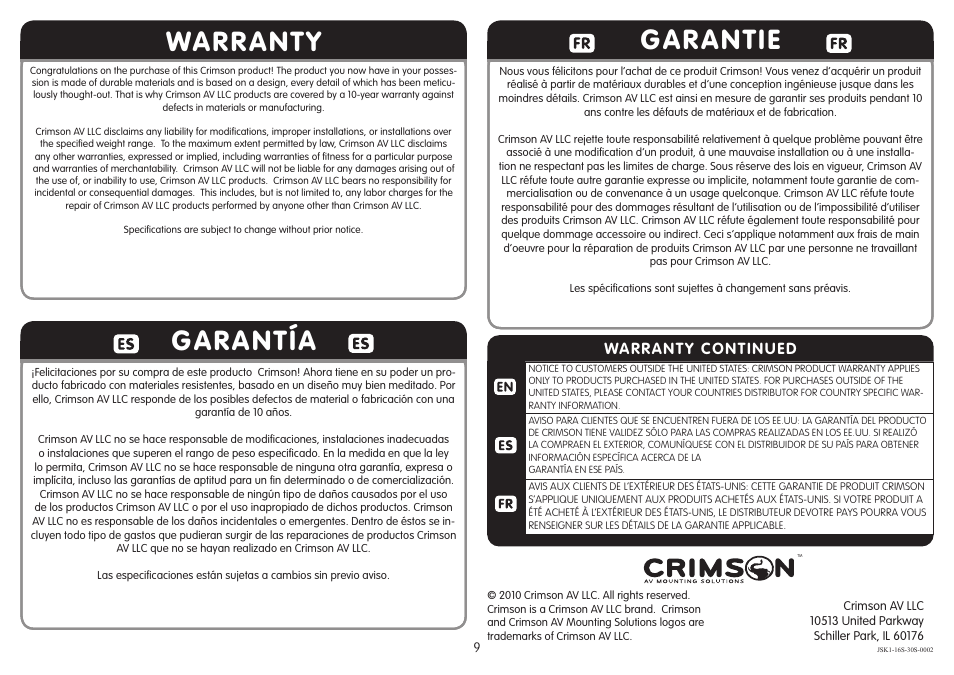 Warranty garantía, Garantie, Warranty continued | Crimson JSK1 User Manual | Page 9 / 9