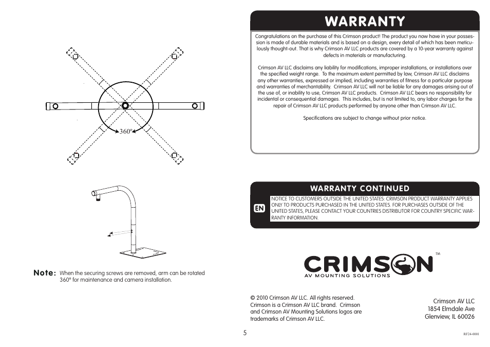 Warranty, Warranty continued | Crimson RF24 User Manual | Page 5 / 5