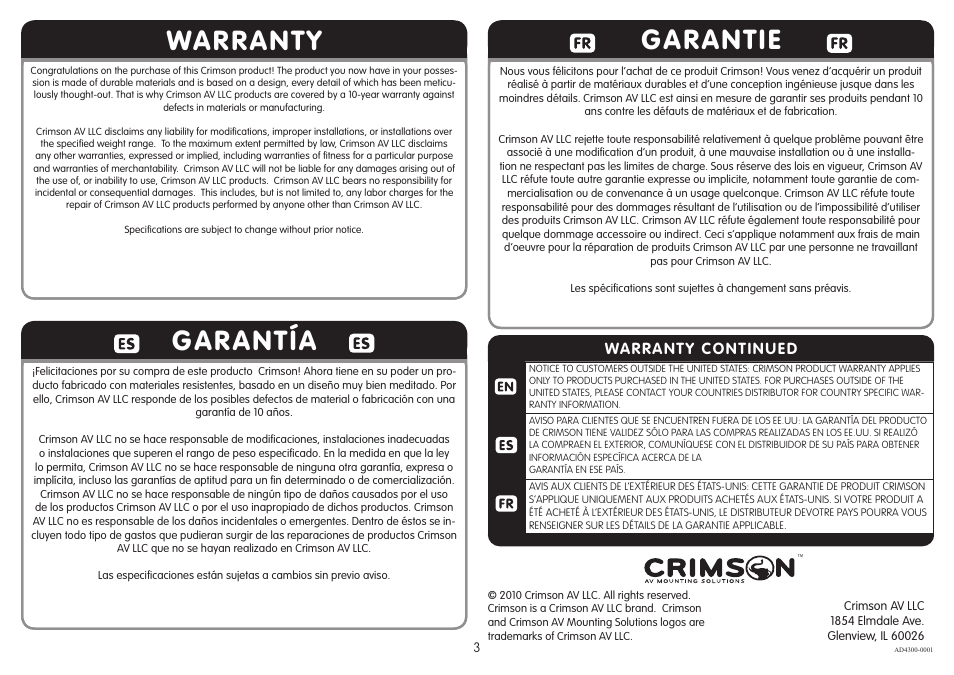 Warranty garantía, Garantie, Warranty continued | Crimson AD4300 User Manual | Page 3 / 3