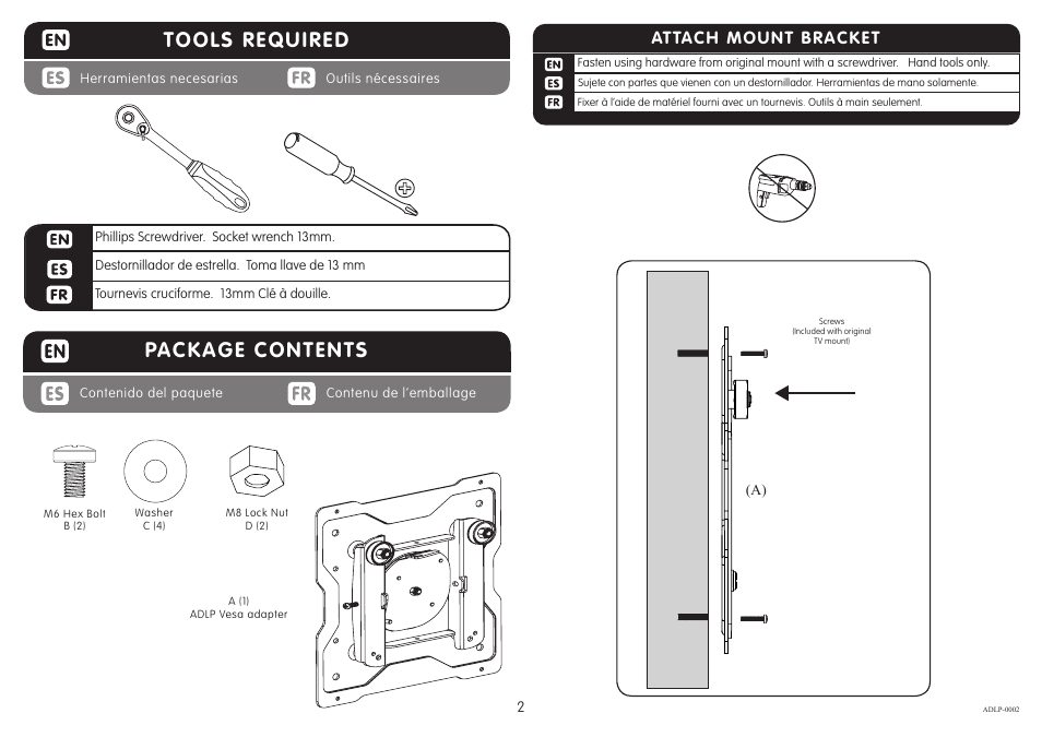 Package contents, Tools required, Attach mount bracket | Crimson ADLP User Manual | Page 2 / 6