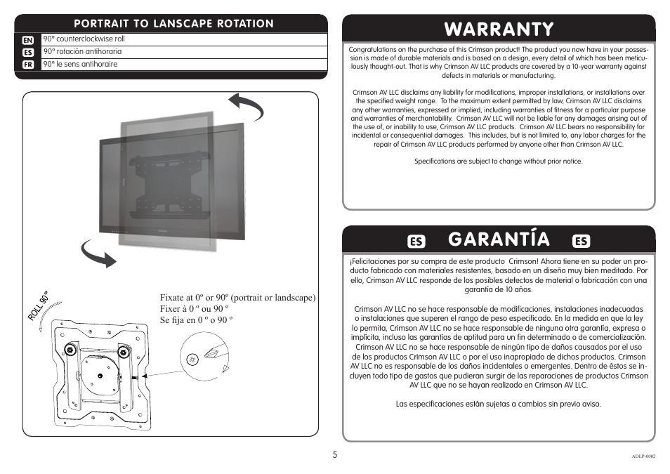 Warranty garantía | Crimson ADLP User Manual | Page 5 / 6