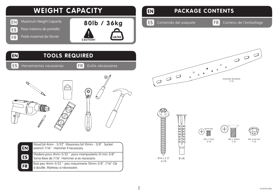Weight capacity, 80lb / 36kg, Package contents | Tools required | Crimson AUWP20 User Manual | Page 2 / 6