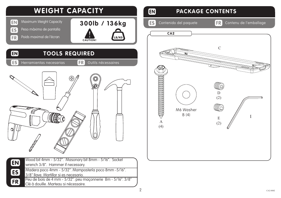 Weight capacity, Package contents, Tools required | Crimson CA2 User Manual | Page 2 / 5