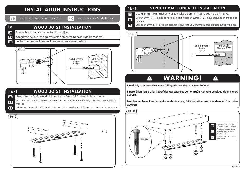 Warning, Installation instructions, Wood joist installation 1a-1 | Wood joist installation, 1b-1 | Crimson CA2 User Manual | Page 3 / 5