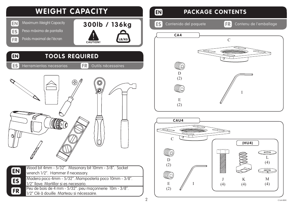 Weight capacity, Package contents, Tools required | Crimson CA4 User Manual | Page 2 / 5